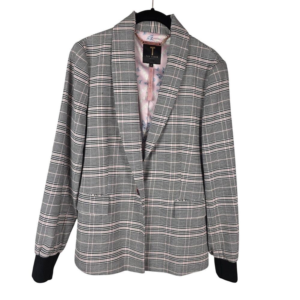 Ted Baker Blazer Sz 6 Pink Plaid Dark Academia Ribbed Cuff Contrast Jacket EUC
